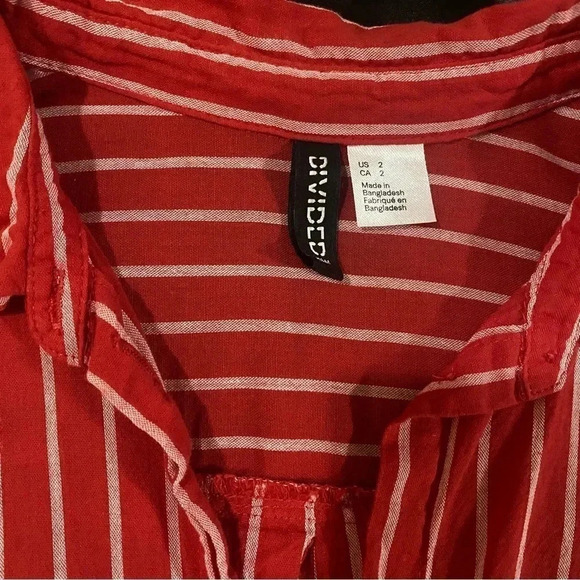 🎈Divided By H & M Size 2 Red White Striped 100% Cotton Shirt Top Blouse Women - Picture 3 of 5
